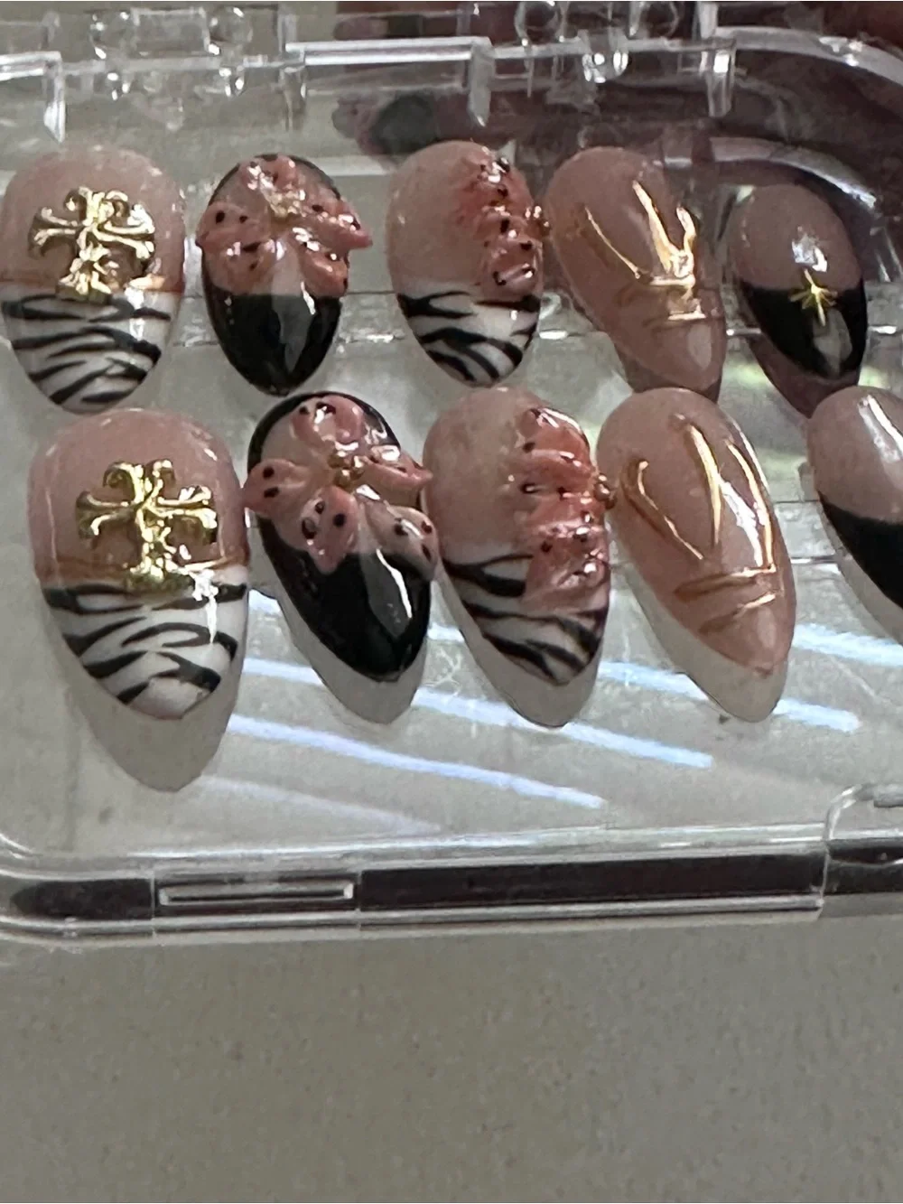 Handmade Edgy Glam Press-On Nail Set - Zebra Print, 3D Florals, & Gold Cross Cha
